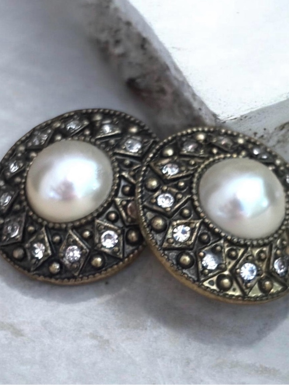 Vintage Avon Faux Pearl Bronze Rhinestone Button Earrings Boho Victorian Studs